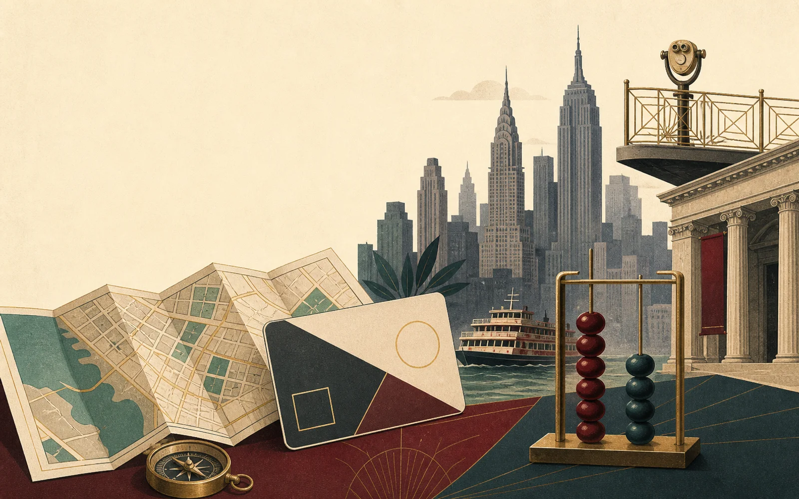Editorial illustration of a New York attraction pass, city map, and cost comparison