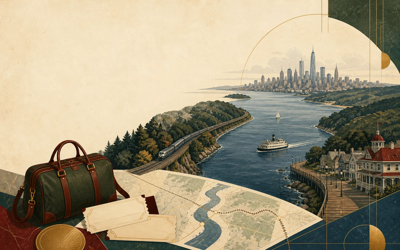 Editorial travel illustration of train, river, coast, and country routes from New York City